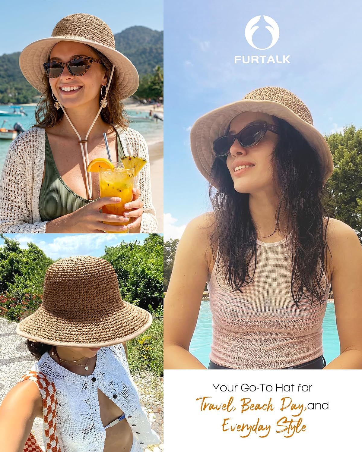 FURTALK Summer Straw Beach Sun Hats for Women Wide Brim Packable Bucket Hat