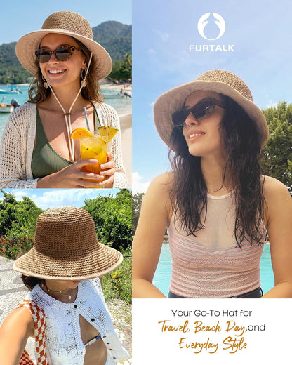 FURTALK Summer Straw Beach Sun Hats for Women Wide Brim Packable Bucket Hat