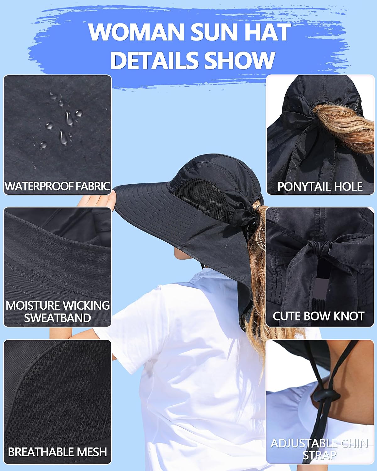 Womens Sun Hat Outdoor UV Protection Wide Brim Fishing Hat with Ponytail Hole Neck Flap for Beach Hiking Camping