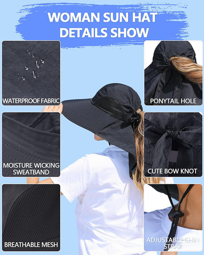 Womens Sun Hat Outdoor UV Protection Wide Brim Fishing Hat with Ponytail Hole Neck Flap for Beach Hiking Camping