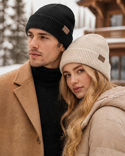 Satin Lined Beanie for Women Men Waffle Knit Winter Hats Thick Double Layer Warm Cuffed Silk Lining Cozy Soft