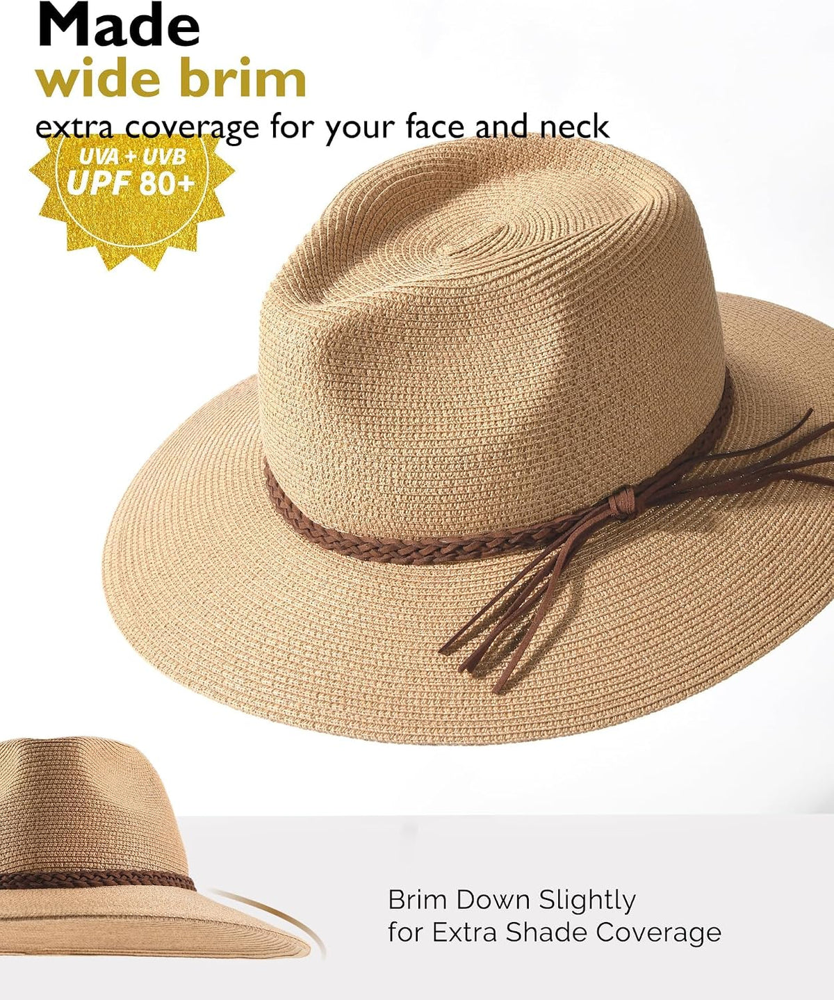 FURTALK Womens Wide Brim Sun Hat Beach Panama Fedora Straw Summer