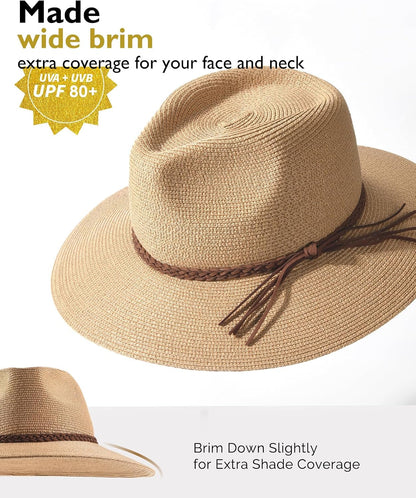 FURTALK Womens Wide Brim Sun Hat Beach Panama Fedora Straw Summer