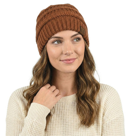 C.C Unisex Chunky Soft Stretch Cable Knit Warm Fuzzy Lined Skully Beanie