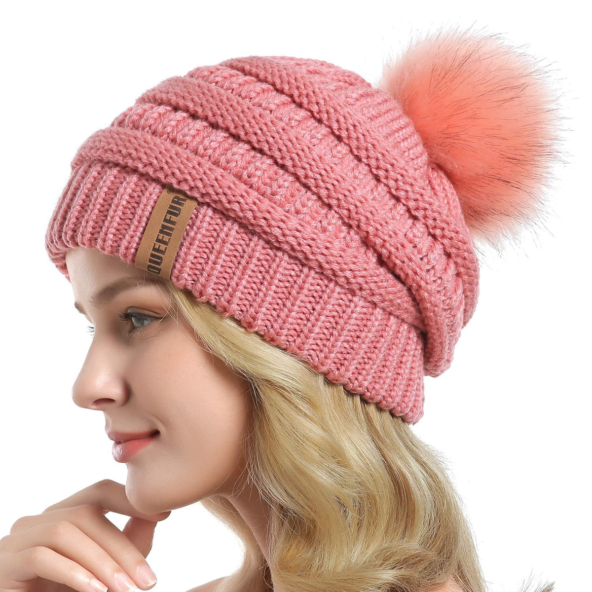 Women Knit Slouchy Beanie Chunky Baggy Hat with Faux Fur Pompom Winter Soft Warm Ski Cap