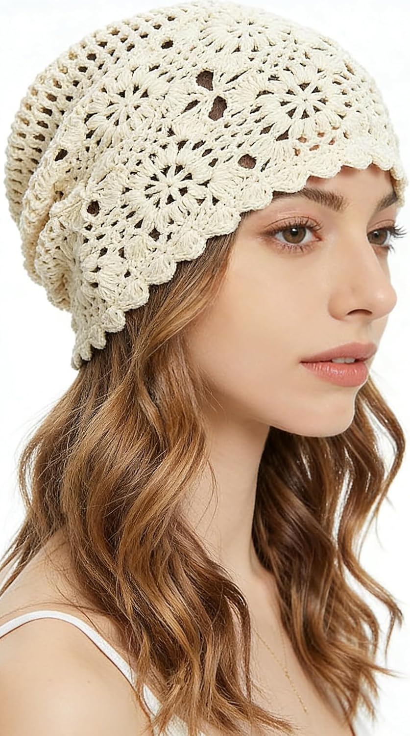 Crochet Hat for Women Cotton Slouchy Beanie Knitted Handmade Skull Cap for Travel Daily Wear