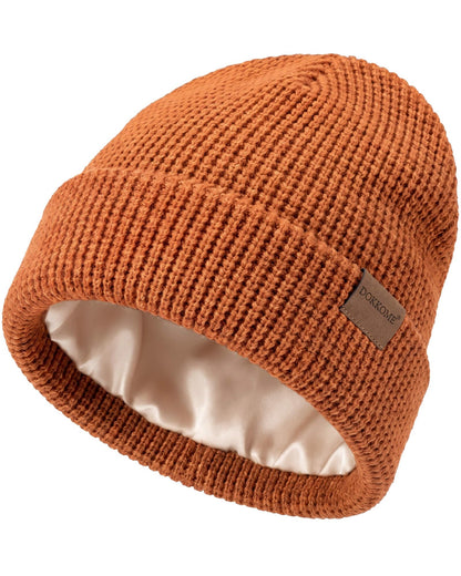 Satin Lined Beanie for Women Men Waffle Knit Winter Hats Thick Double Layer Warm Cuffed Silk Lining Cozy Soft