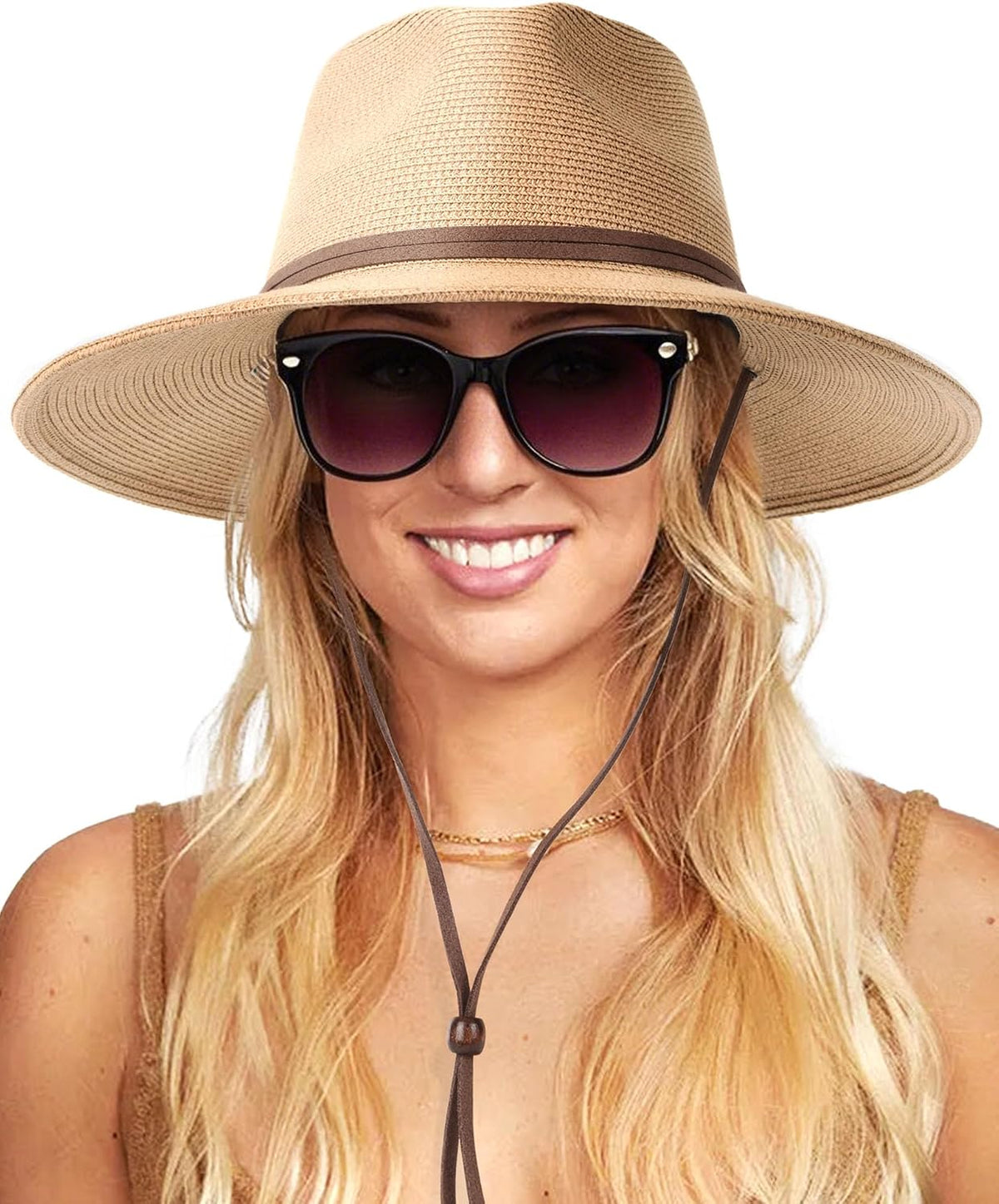 FURTALK Womens Sun Hat Summer Straw Beach Hats UPF 80+ Wide Brim Panama Fedora Hats with Wind Lanyard