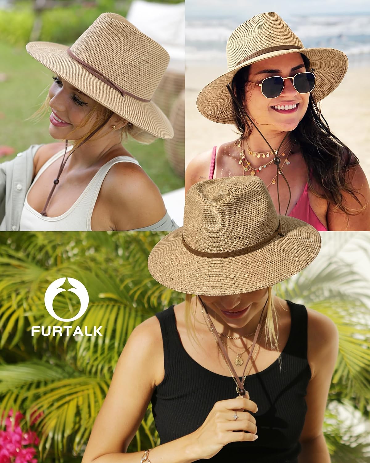 FURTALK Sun Hat Panama Fedora Straw Beach Hat with Wind Lanyard UPF