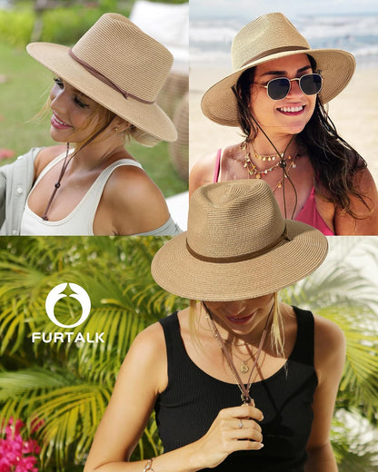 FURTALK Sun Hat Panama Fedora Straw Beach Hat with Wind Lanyard UPF