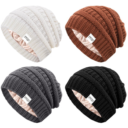 FEQO 4 Pack Satin Lined Beanies Slouchy Beanie Oversized Cable Knit Caps