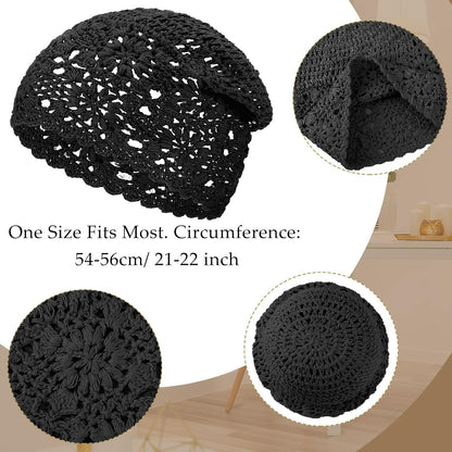 2 Pieces Floral Crochet Slouchy Beanie Hat Handmade Knit Cutout Women Floral Skull Cap Stretchy Knitted Crochet Hat for Women