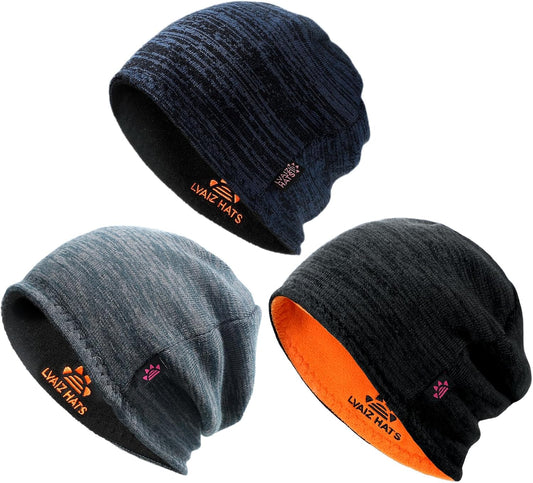 3 Pack Reversible Fleece Lined Beanie Hats for Men Women Winter Knit Hats