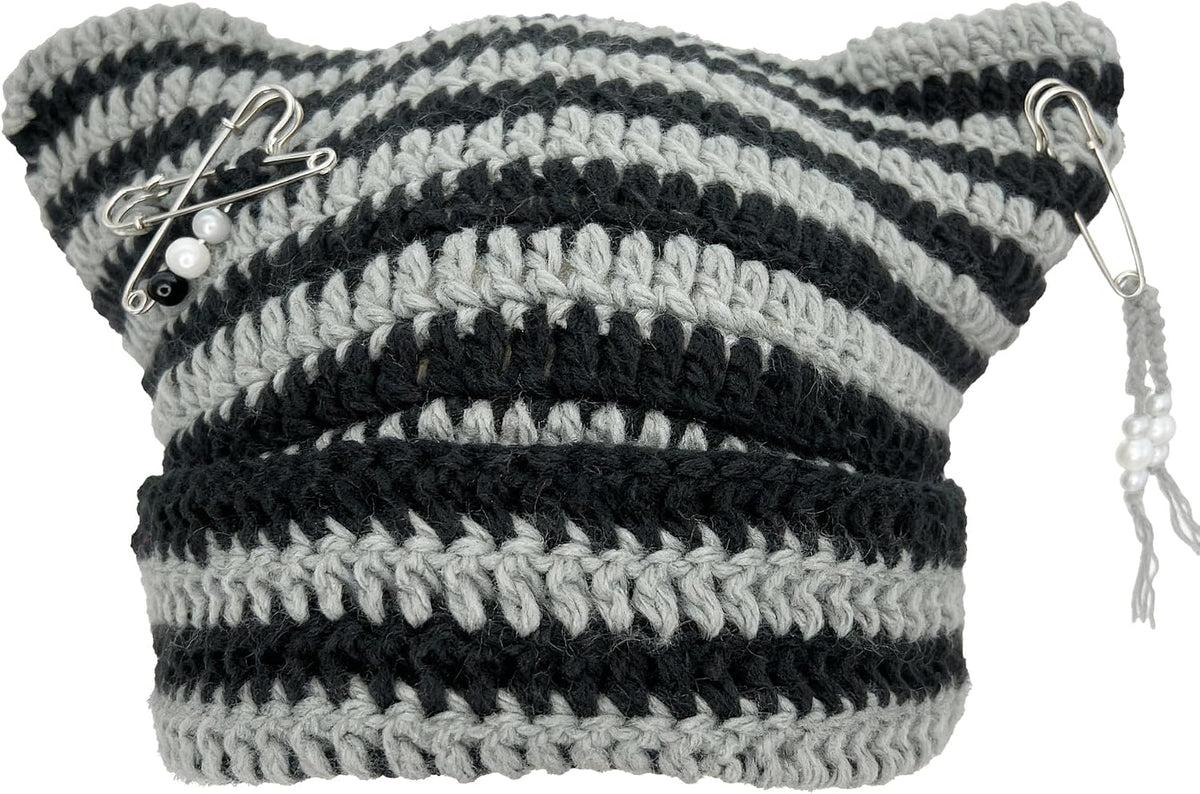 Cat Ear Beanie for Women, Y2K Striped Slouchy Crochet Goth Style with DIY Accessories, Cute Knit Hat with Ears