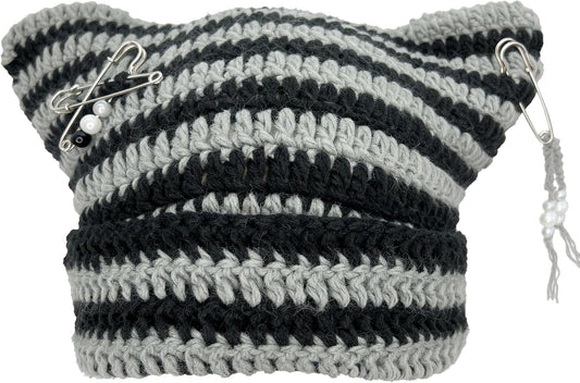 Cat Ear Beanie for Women, Y2K Striped Slouchy Crochet Goth Style with DIY Accessories, Cute Knit Hat with Ears
