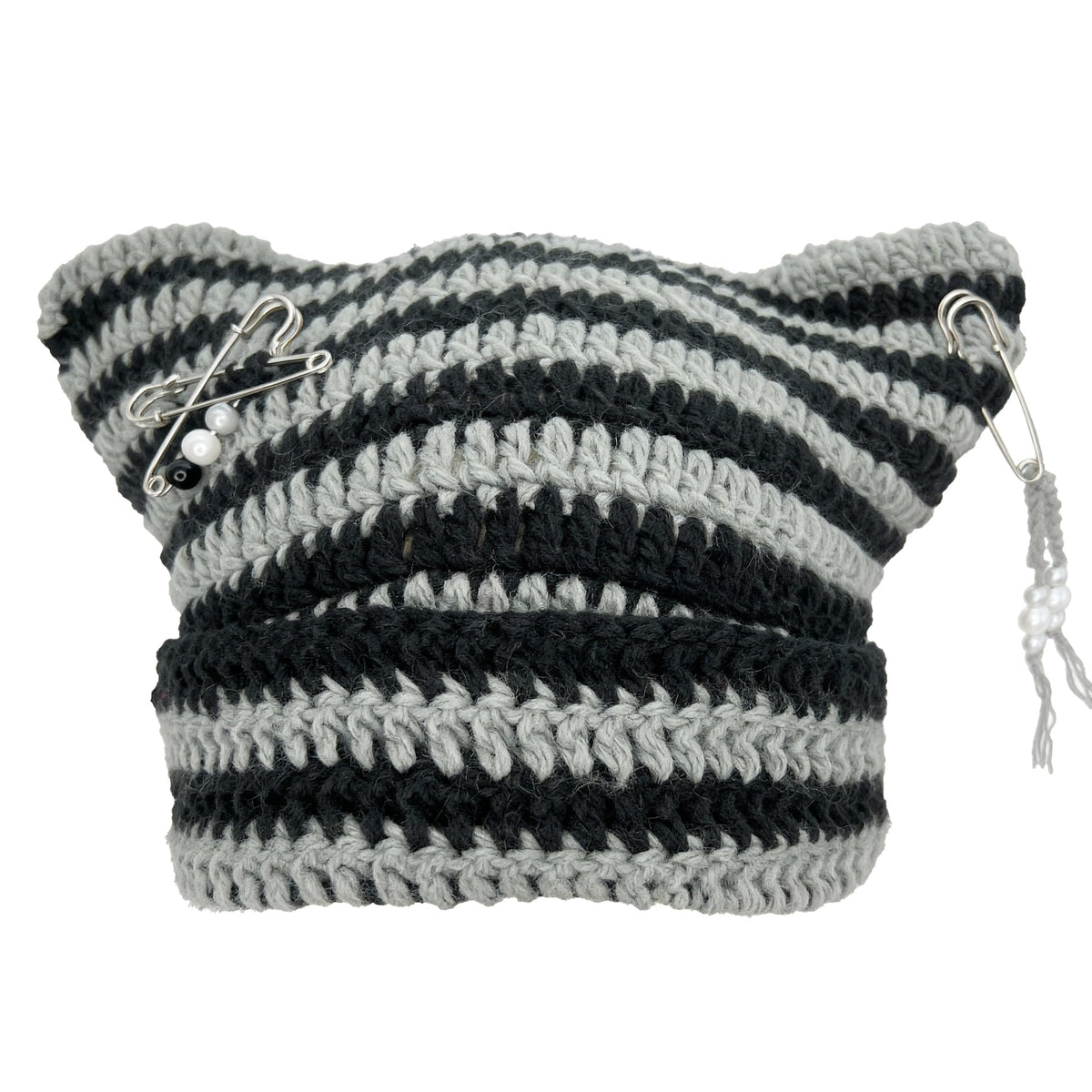 Cat Ear Beanie for Women, Y2K Striped Slouchy Crochet Goth Style with DIY Accessories, Cute Knit Hat with Ears