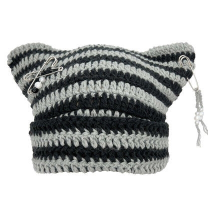 Cat Ear Beanie for Women, Y2K Striped Slouchy Crochet Goth Style with DIY Accessories, Cute Knit Hat with Ears