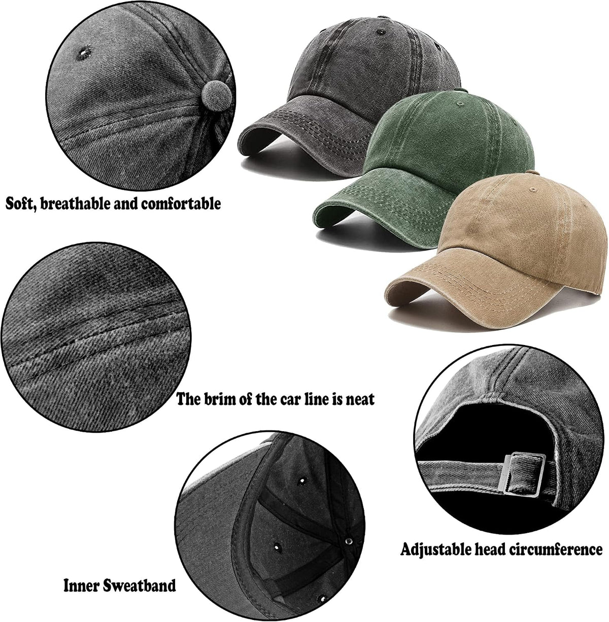 3 Pack Washed Plain Vintage Baseball Cap Cotton Adjustable Twill Bulk Low Profile Classic Dad Hat for Men/Women