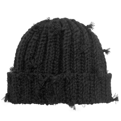 Womens Chunky Crochet Beanie Casual Cuffed Winter Hat with Boho Tassel Knot