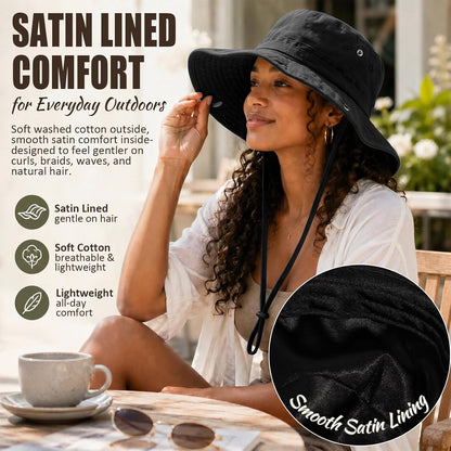 Womens Satin Lined Sun Hat UV Protection Washed Cotton Sun Hat with Satin Lining for Outdoor Beach Travel Hiking