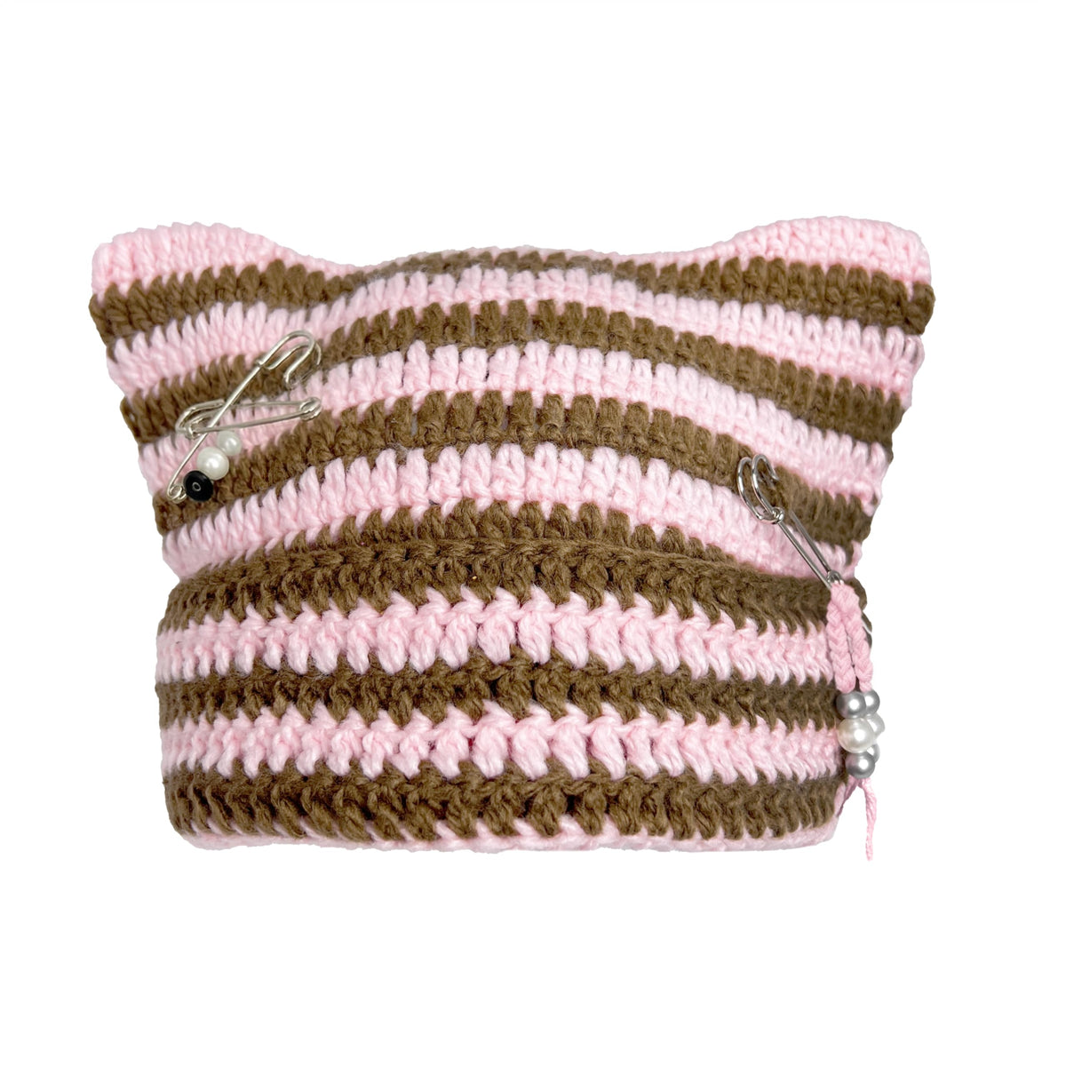 Cat Ear Beanie for Women, Y2K Striped Slouchy Crochet Goth Style with DIY Accessories, Cute Knit Hat with Ears