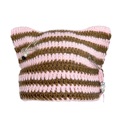 Cat Ear Beanie for Women, Y2K Striped Slouchy Crochet Goth Style with DIY Accessories, Cute Knit Hat with Ears