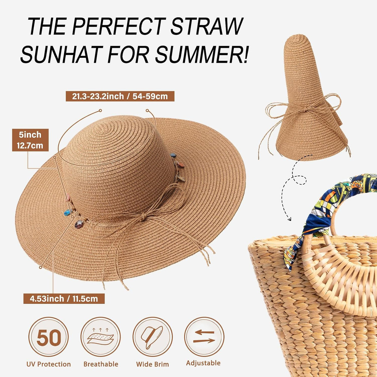 Trifabricy Beach Sun Straw Hats for Women, Wide Brim Sun Hat UPF Protection