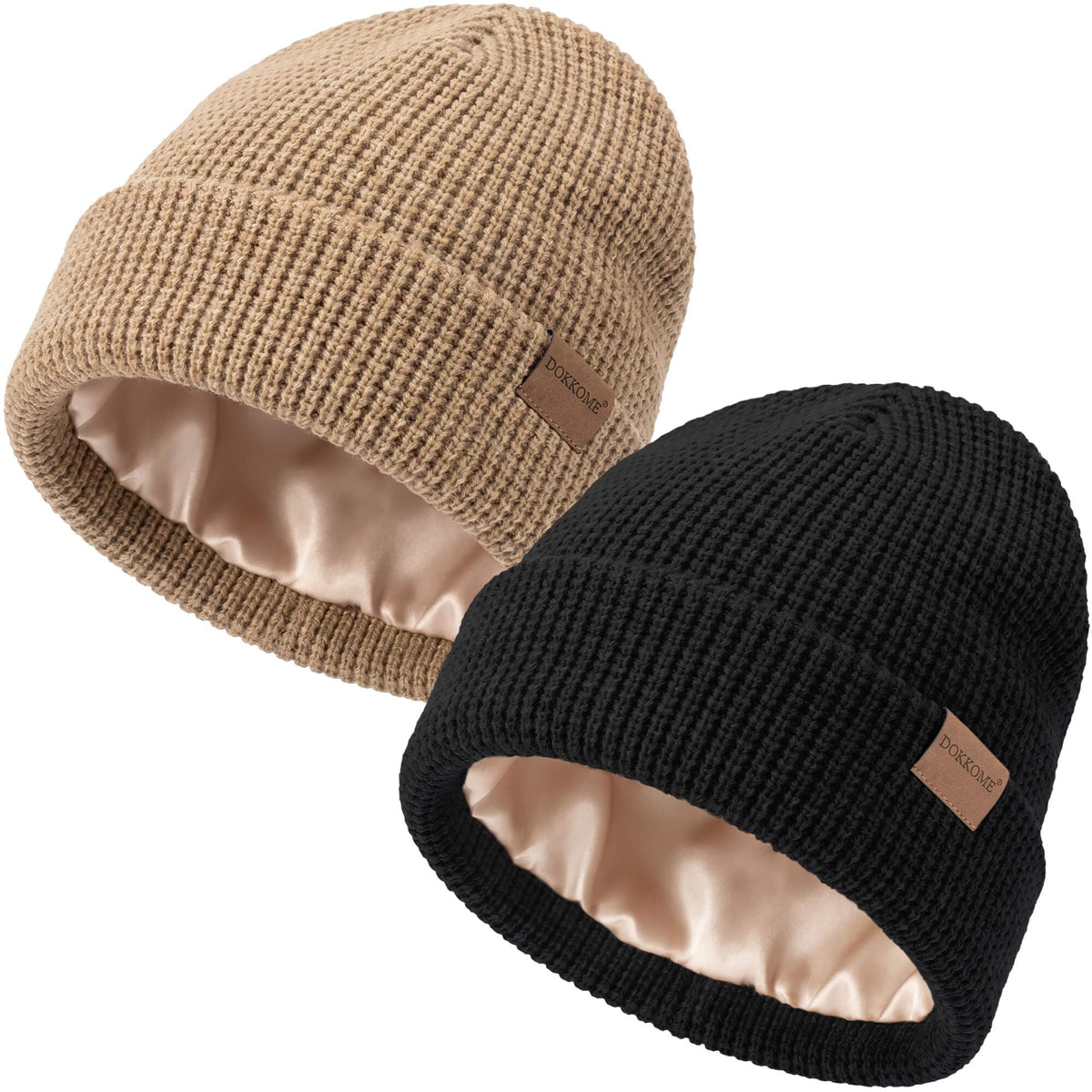 Satin Lined Beanie for Women Men Waffle Knit Winter Hats Thick Double Layer Warm Cuffed Silk Lining Cozy Soft