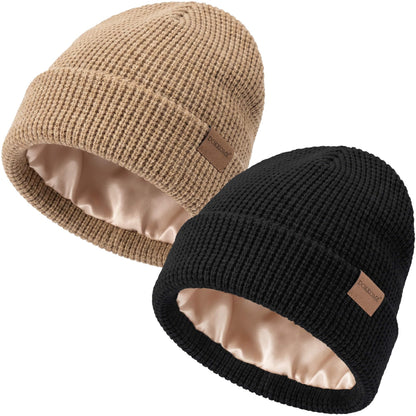 Satin Lined Beanie for Women Men Waffle Knit Winter Hats Thick Double Layer Warm Cuffed Silk Lining Cozy Soft
