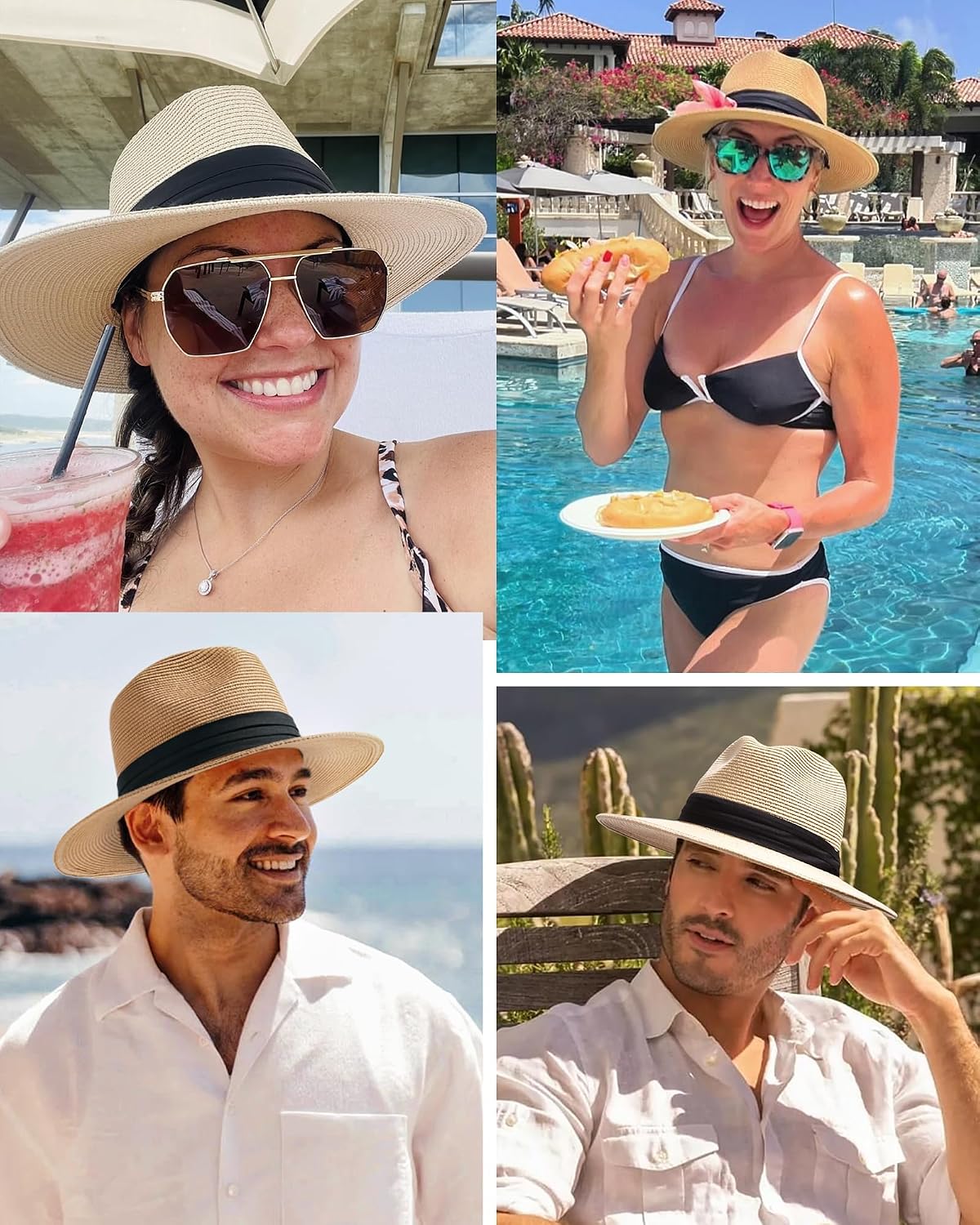 FURTALK Sun Hat Wide Brim Straw Fedora Panama Beach for Men Women