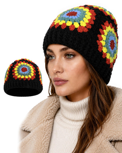 Floral Beanie for Women Granny Square Crochet Knit Warm Hat