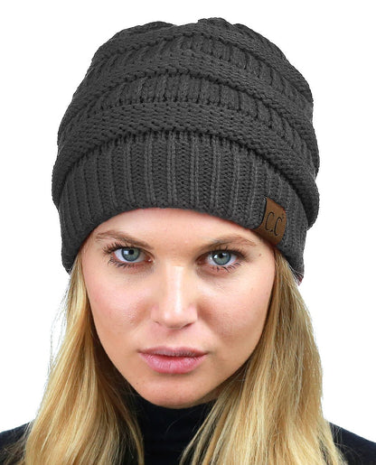 C.C Unisex Chunky Soft Stretch Cable Knit Warm Fuzzy Lined Skully Beanie