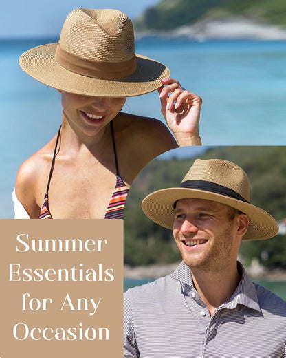 FURTALK Sun Hat Wide Brim Straw Fedora Panama Beach for Men Women