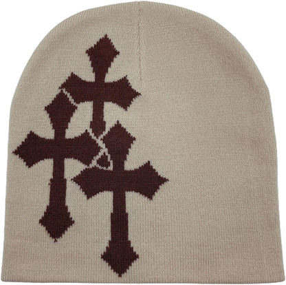 Y2K Dark Cross Wool Hat - Fashion Cross Pattern Loose Pile Knit Hat for Cold Weather - Autumn and Winter