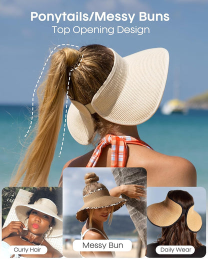 FURTALK Womens Sun Hat with Ponytail Hole Wide Brim Beach Straw Visor