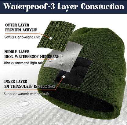 Waterproof Winter Fleece Lined Beanie Hat for Men Women Warm Knit Cuffed Beanie Thick Skull Cap Unisex Windproof Watch Hat
