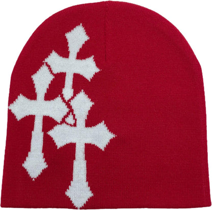 Y2K Dark Cross Wool Hat - Fashion Cross Pattern Loose Pile Knit Hat for Cold Weather - Autumn and Winter