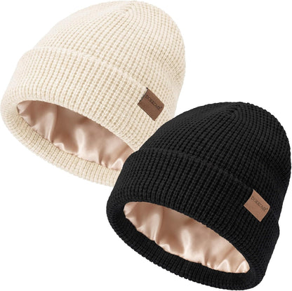 Satin Lined Beanie for Women Men Waffle Knit Winter Hats Thick Double Layer Warm Cuffed Silk Lining Cozy Soft