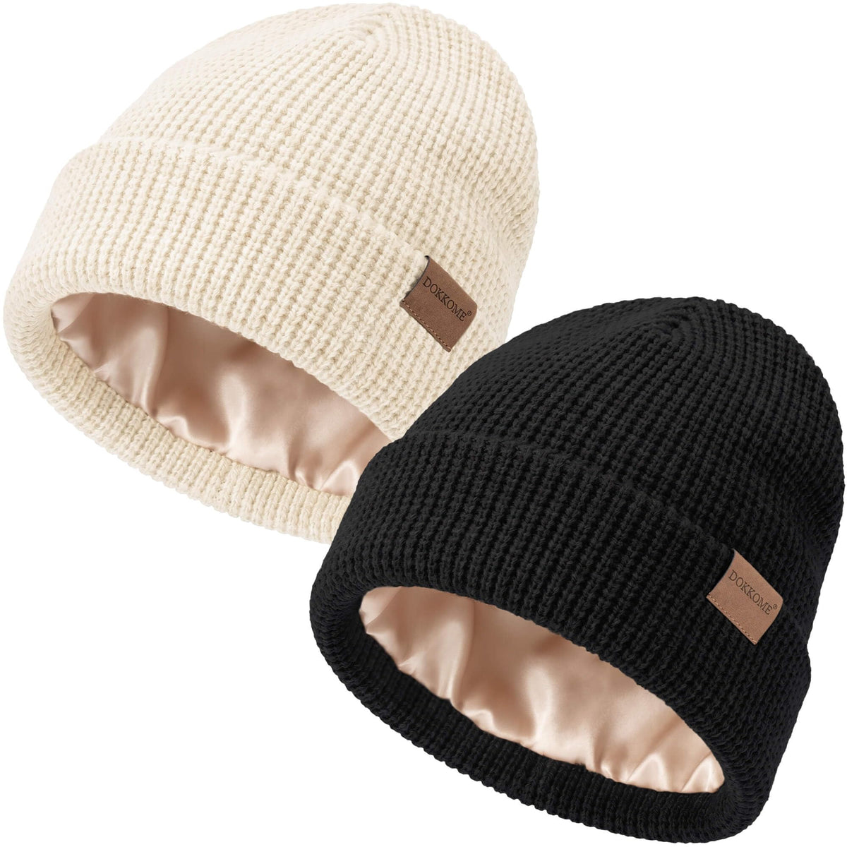 Satin Lined Beanie for Women Men Waffle Knit Winter Hats Thick Double Layer Warm Cuffed Silk Lining Cozy Soft
