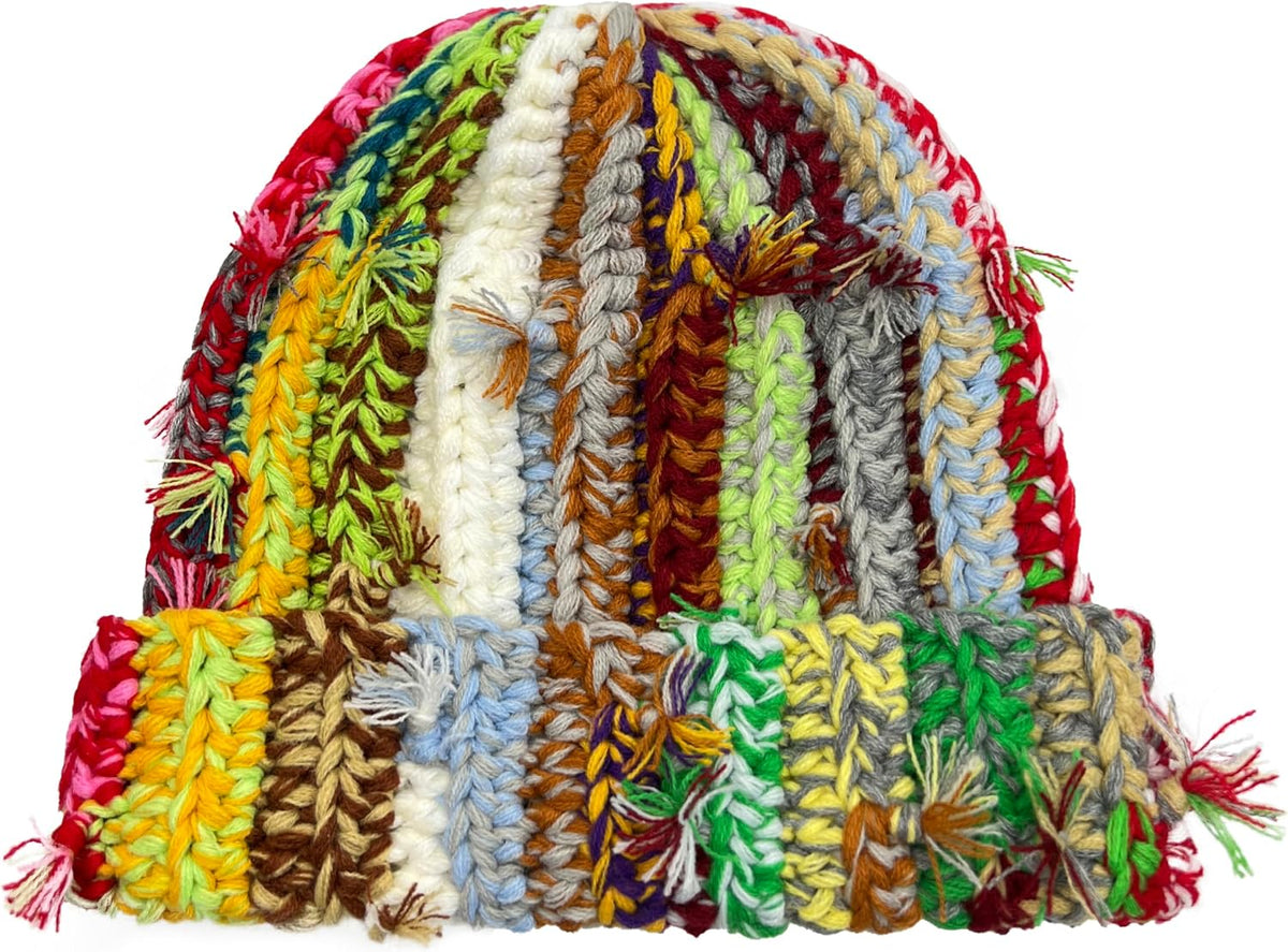 Womens Chunky Crochet Beanie Casual Cuffed Winter Hat with Boho Tassel Knot