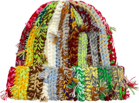 Womens Chunky Crochet Beanie Casual Cuffed Winter Hat with Boho Tassel Knot
