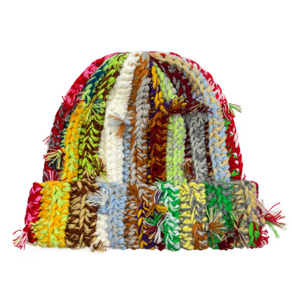 Womens Chunky Crochet Beanie Casual Cuffed Winter Hat with Boho Tassel Knot