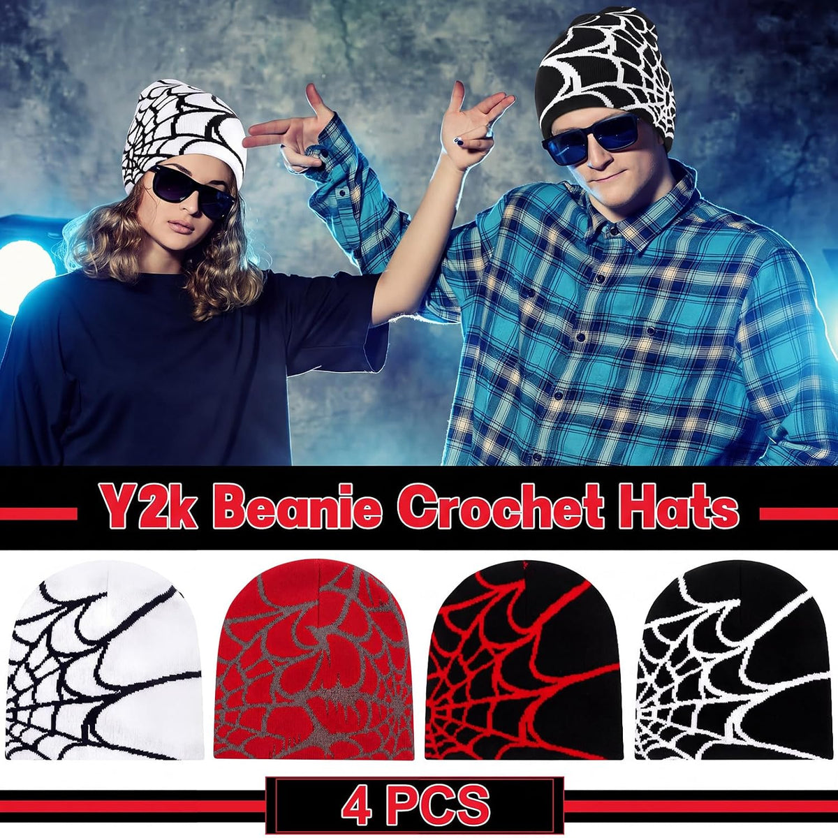 Jeyiour 4 Pcs Y2k Beanies Spider Web Pattern Hat