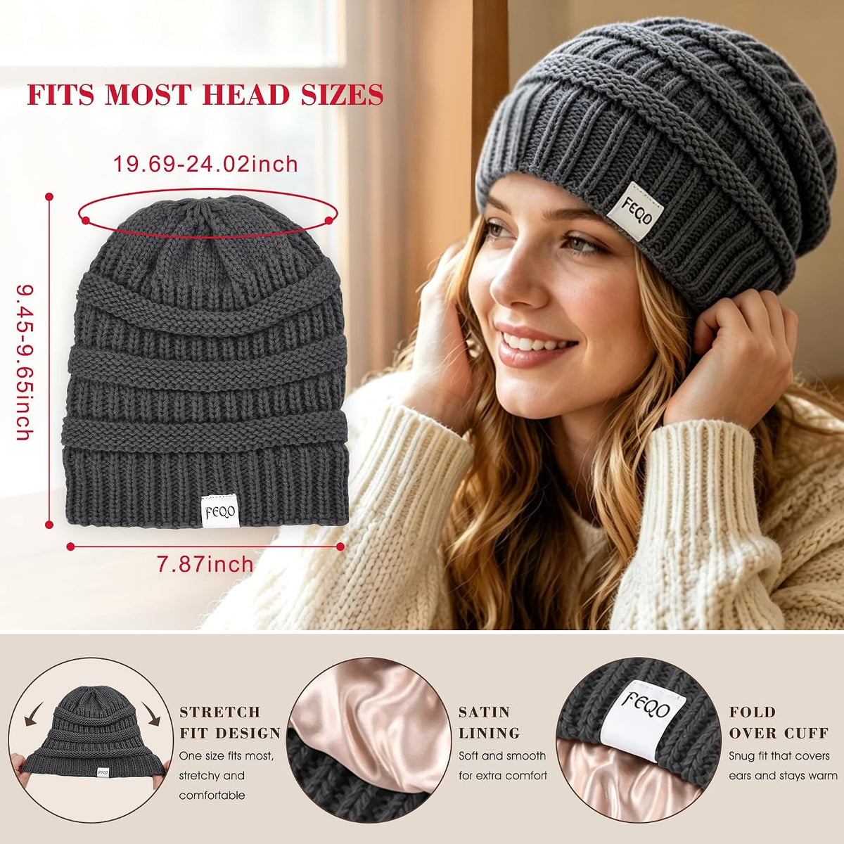 FEQO 4 Pack Satin Lined Beanies Slouchy Beanie Oversized Cable Knit Caps