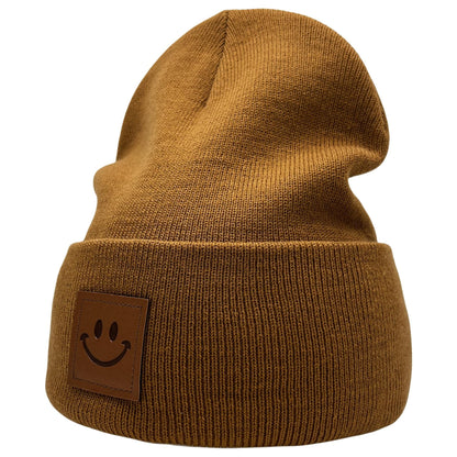 55cube Unisex Knit Cuffed Beanie Hats Warm Winter Caps with Leather Logos