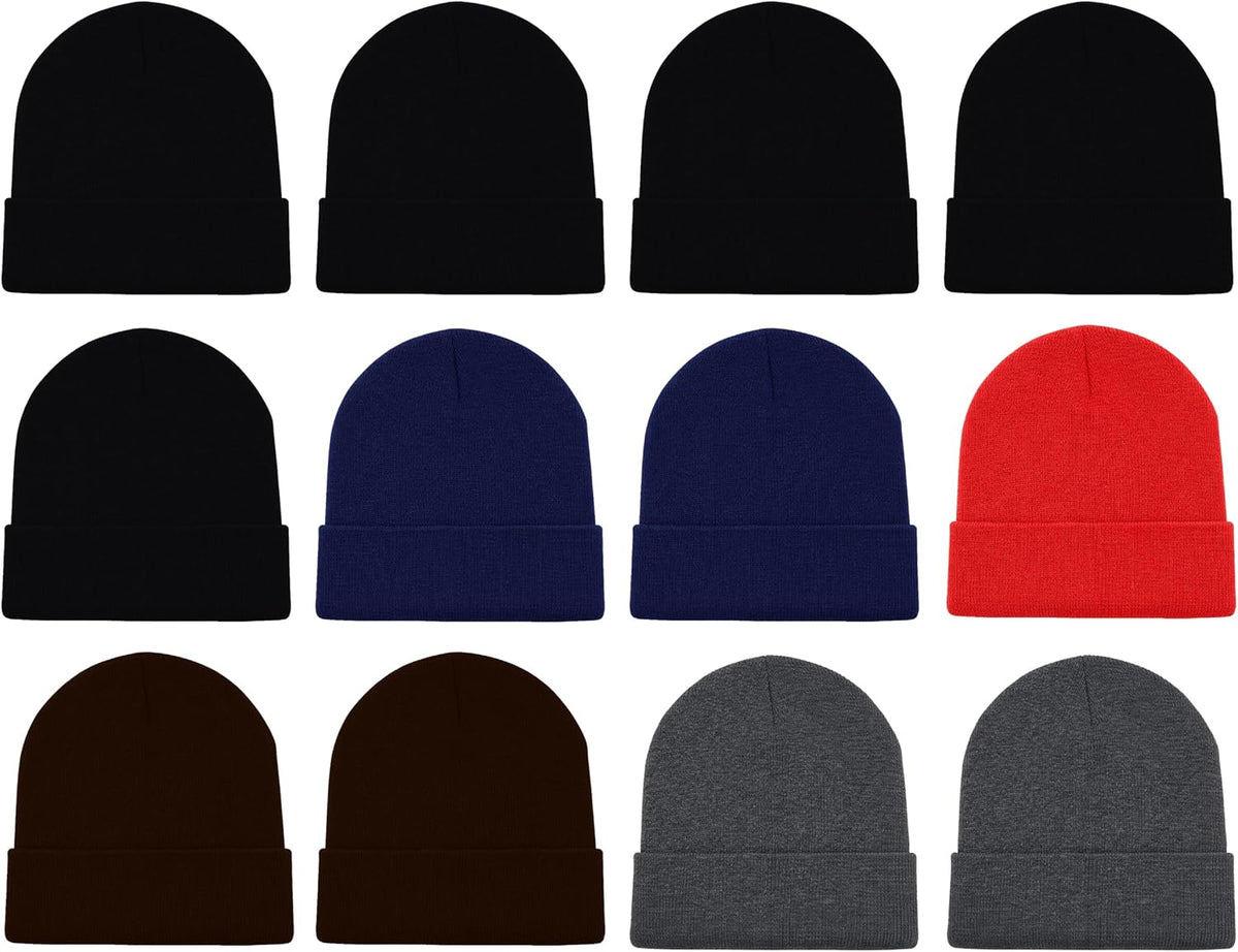 12 Pack Winter Beanie Hats for Men Women, Warm Cozy Knitted Cuffed Skull Cap, Wholesale