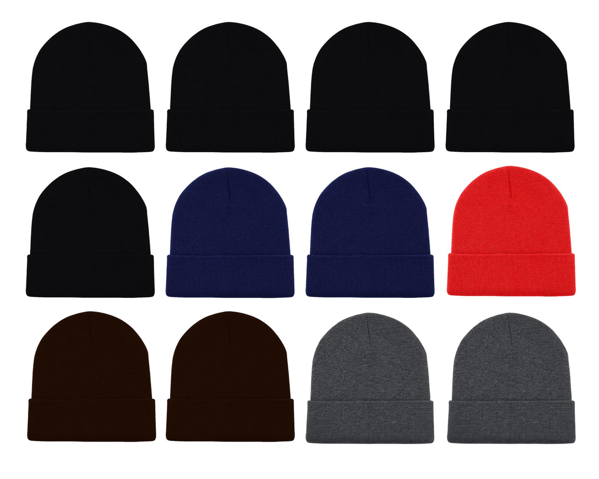 12 Pack Winter Beanie Hats for Men Women, Warm Cozy Knitted Cuffed Skull Cap, Wholesale