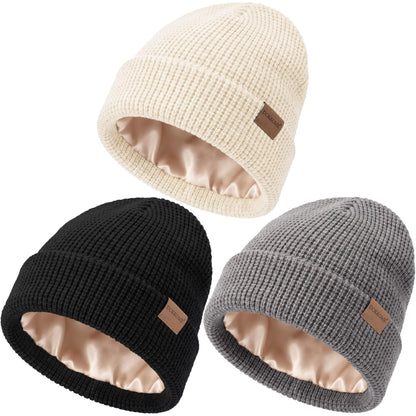 Satin Lined Beanie for Women Men Waffle Knit Winter Hats Thick Double Layer Warm Cuffed Silk Lining Cozy Soft
