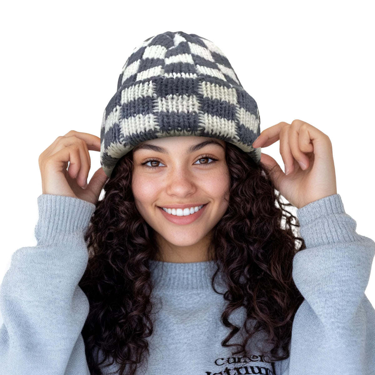 CLAPE Womens Cute Slouchy Beanies Hats, Winter Warm Chunky Checkered Beanie Large Cuff Knitted Hat Ski Cap for Cold Weather