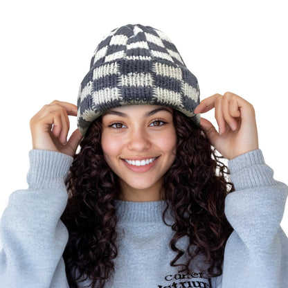 CLAPE Womens Cute Slouchy Beanies Hats, Winter Warm Chunky Checkered Beanie Large Cuff Knitted Hat Ski Cap for Cold Weather